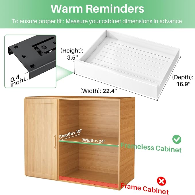 Pull Out Cabinet Organizer with Nano Adhesive, Heavy Duty Full-Extension Slide-Out Drawer for Kitchen Cabinet Organizers and Storage, No Drill Roll out Pantry Shelf, 22.4"W x 16.9"D x 3.1"H , White - Image 2