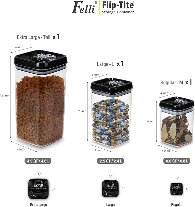 Felli Flip Tite Acrylic Food Storage Container with Lid 6” XL Air Tight Ring Seal Flip Lock, Plastic Kitchen Baking Canister for 5 lb Flour Sugar Rice Protein Powder Pantry Organizer (Nest-L Black) - Image 7