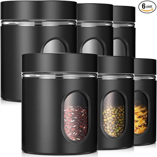 Patelai 6 Pack Kitchen Canisters Set 20 oz Airtight Stainless Steel Canister Food Storage Container with Window Glass, Coffee Sugar Candy Jars Tea Organizer for Flour Cookies Spice Kitchen (Black) by Patelai