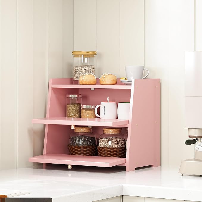 Trironsun Vintage Double Layer Bread Box for Kitchen Counter Bamboo Bread Storage Container Large Capacity Bread Storage Bin (Pink) - Image 6