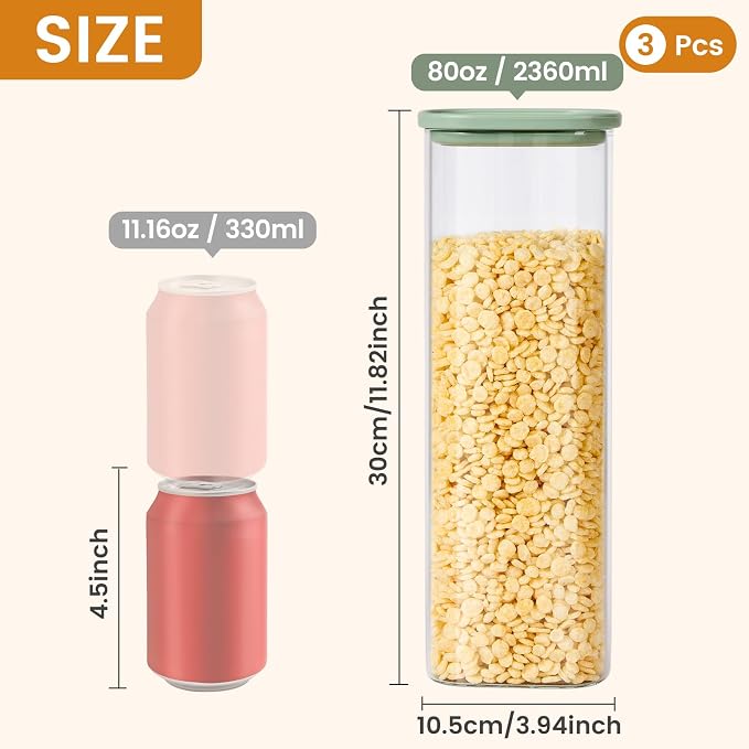 Glass Storage Jars with Lids, 2.5 Qt 3 pack | Borosilicate Glass, Glass Lid, Large Capacity Glass Food Storage for Pasta, Flour, Cereal, Cookies, Nuts, Coffee - Image 2