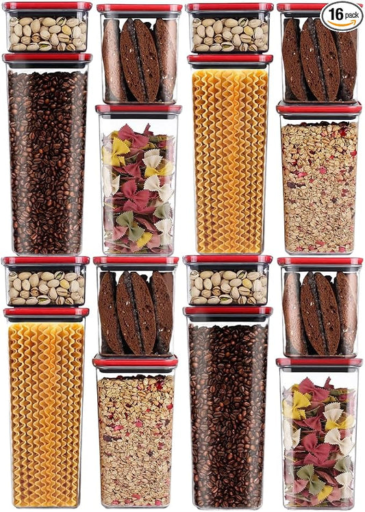 Neoflam 16 Set, Kitchen Pantry Airtight Smart Seal Square Dry Food Storage with Lid, BPA Free, Modular, Stackable, Clear Canister for Cereal, Sugar, Flour, Snack, Coffee, Pasta, Spaghetti Container by Neoflam