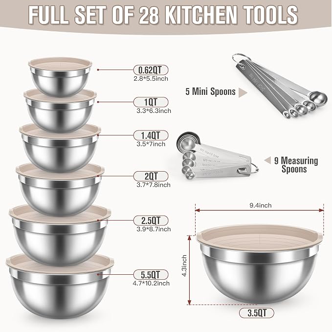 21PCS Mixing Bowls with Lids Set, 7 Mixing Bowls & 14 Measuring Spoons, Stainless Steel Nesting Bowls for Baking & Cooking Prepping Space Saving Storage, Kitchen Essentials, 0.6-5.5QT - Image 2
