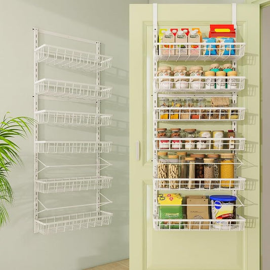 Mefirt Over The Door Pantry Organizer, Wall Mount Spice Rack 6-Tier White | Pantry Hanging Organizers and Storage, Adjustable Baskets Heavy-Duty Metal for Home & Kitchen, Back of Door Seasoning Rack by Mefirt