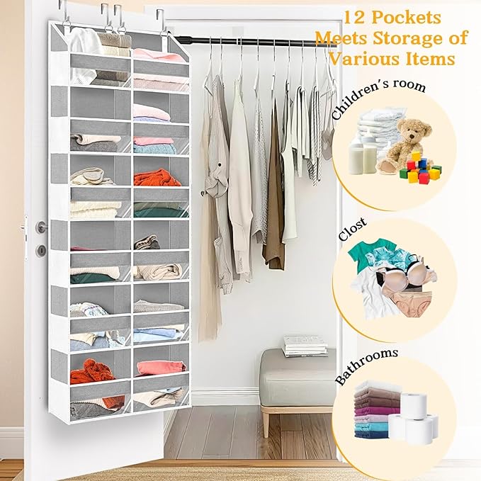 Over The Door Organizer 6 Tiers, Extra Large Behind Door Storage of 12 Compartments, 80 lbs Weight Capacity Hanging Storage Organizer with Clear Window Kids Toys,Shoes,Diapers,Room Storage,Light Grey - Image 6