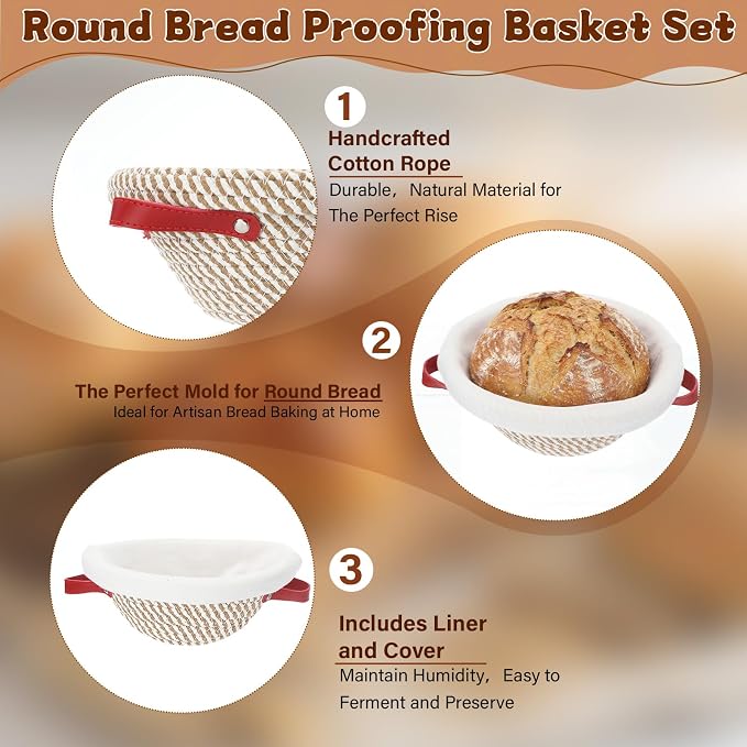 Gisafai 12 Set Banneton Bread Proofing Baskets Bulk 9 Inch Round Cotton Rope Artisan Sourdough Bread Banneton Dough Proofing Bowls with Cloth Liners and Covers for Homemade Baking Bakery - Image 4