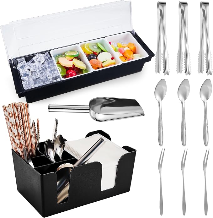 Tessco for you Garnish Tray with Lid Bar Caddy Ice Cooled Condiment Serving Container with Ice Scoop Metal Mini Serving Tongs Fruit Fork Spoons for Food Home Party Kitchen(Plastic,4 Grids) by Tessco