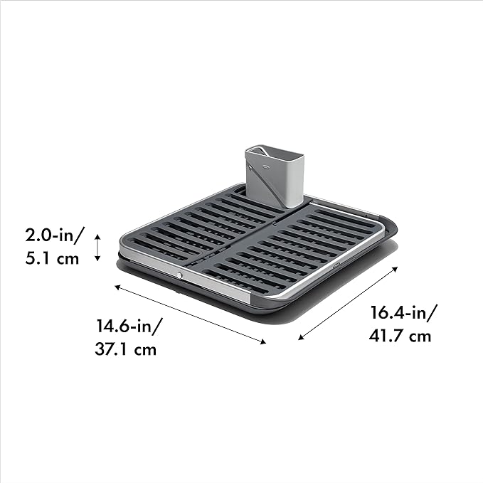 OXO Good Grips Aluminum Fold Flat Dish Drying Rack, 2-Tier, with Drainboard, for Kitchen Counter, Collapsible - Image 6