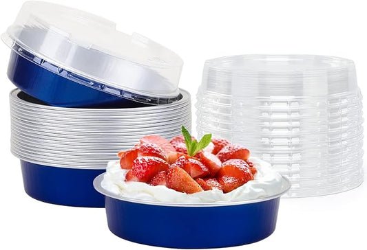Beasea Mini Tart Pan 20 Pack with Lids, 4 Inch 8oz Jewelry Blue Disposable Aluminum Baking Foil Tins Small Round Container for Individual Dessert Cupcake Muffin Cheesecake Ramekins Quiche Oven Dishes by Beasea