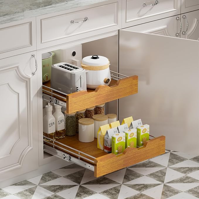DINDON 2 Tier Pull Out Cabinet Organizer (20" W x 21" D) Slide Out Wood Shelf Double Tier Kitchen Wire Basket with Chrome Finish… - Image 2