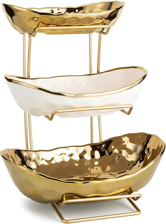 3-Tier Gold Fruit Bowl & Tray with Metal Stand - Ceramic White, Triple Layer for Snacks, Nuts, Bread & Candy Storage by MEIGLQEA