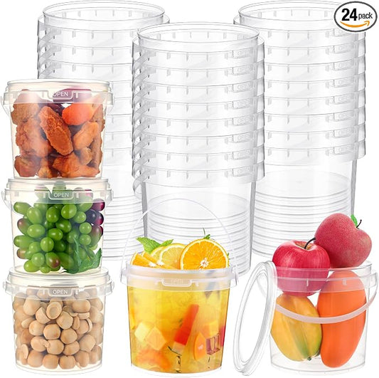 Funnymoom 24 Pack Clear 67 oz /2L Deli Buckets with Lids Plastic Ice Cream Bucket with Handle Safe Food Storage Round Tub Pails Containers Freezer & Microwave for Fruit Snack Take out by Funnymoom