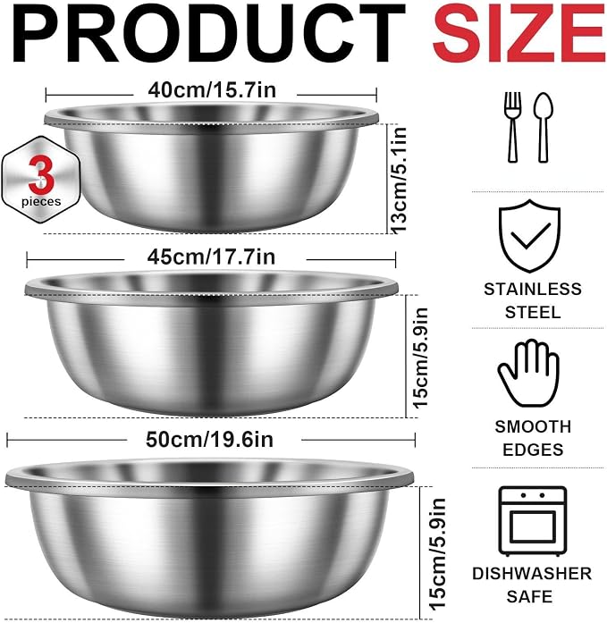 Set of 3 Extra Large Stainless Steel Mixing Bowls Large Mixing Container Easy to Clean, Nesting Bowls for Space Saving Storage for Cooking, Baking(201 Stainless Steel,13, 16, 20 Quart) - Image 2