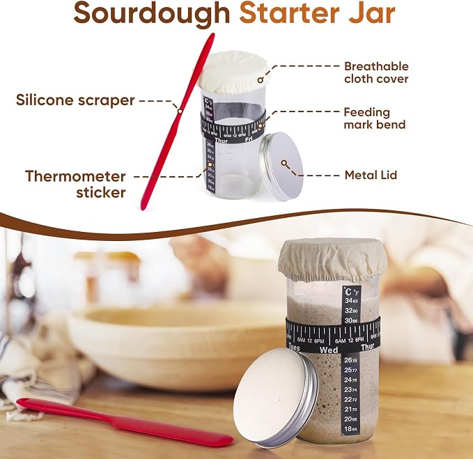 Sourdough Starter Kit, Round & Oval Banneton Bread Proofing Baskets | Sourdough baking kit with starter jar, dough whisk, scraper & bread sling. Sourdough bread baking supplies for home bakers. - Image 4