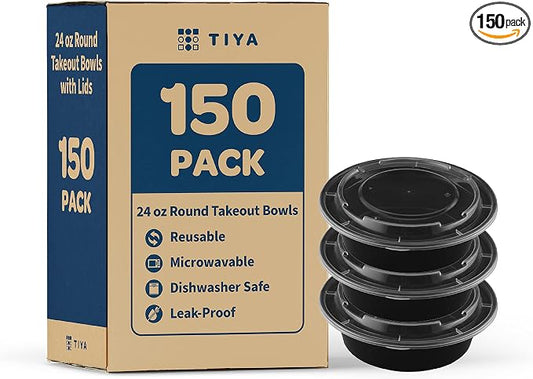 TIYA Food Containers – 24 oz Bulk 150 Pack with Lids – Plastic Food Storage To-Go Round Bowls – Reusable, Microwavable, Dishwasher Safe – Leak-Proof and Great for Meal Prep – BPA-Free by TTIYA