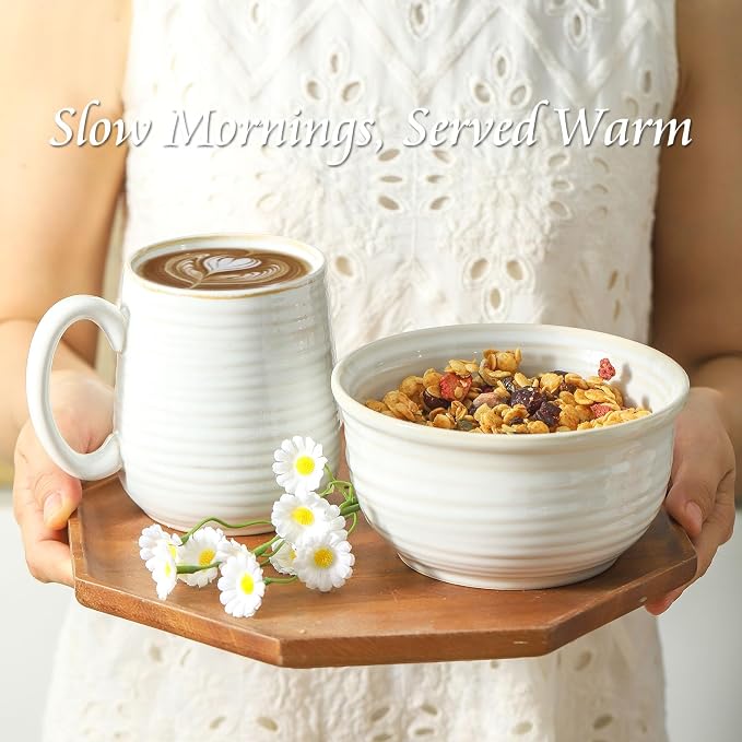 Hasense Cereal Bowls, 20 Ounce Soup Bowls Set of 6, Ceramic Deep Bowl for Kitchen, Perfect for salad Pasta Dessert Oatmeal, Dishwasher and Microwave Safe, Clay-Infused White - Image 3