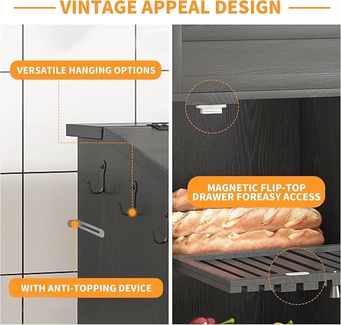 Potato Storage Bins, Fruit and Vegetable Storage, Kitchen Pantry Cabinet | Potato and Onion Storage Bins, Mid Century Modern, Wooden, for Homemade Bread, Snack, Magnetic Flip top, 3 Tier, Black - Image 4