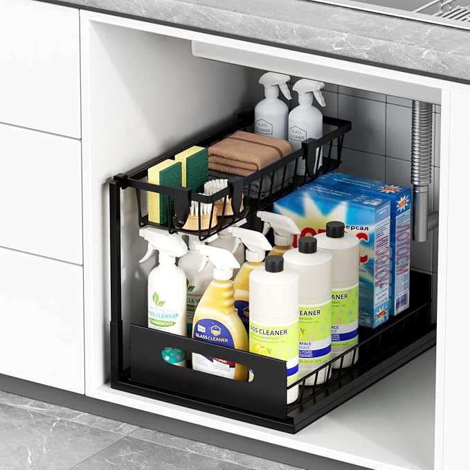 Under Sink Organizers and Storage With 4 Hooks - 2 Tier Pull Out Sink Shelf Cabinet Storage Shelves, L-Shape Under Sink Organizer for Kitchen & Bathroom Cabinet by PLEDDANIO