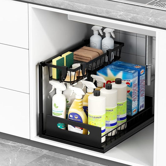 Under Sink Organizers and Storage With 4 Hooks - 2 Tier Pull Out Sink Shelf Cabinet Storage Shelves, L-Shape Under Sink Organizer for Kitchen & Bathroom Cabinet by PLEDDANIO