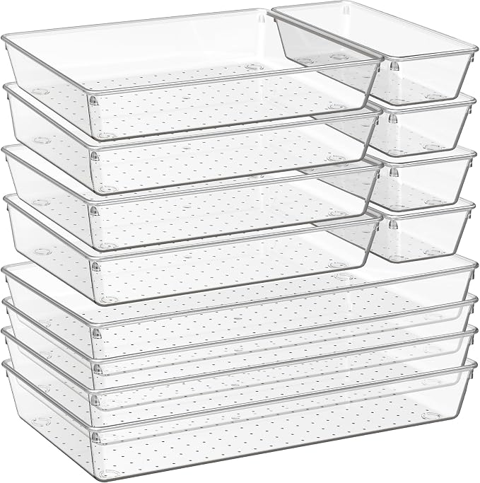 12 Pack Large Clear Plastic Drawer Organizer Trays | MULTI-USE Acrylic Drawer Storage for Kitchen, Bathroom, Makeup, Office, School, Undies | College Dorm Room, Home Apartment Essentials by Criusia