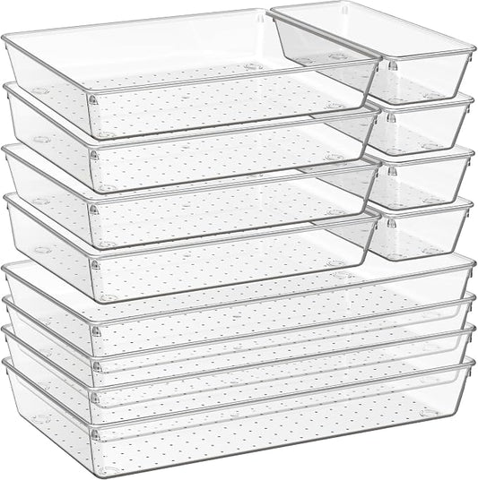 12 Pack Large Clear Plastic Drawer Organizer Trays | MULTI-USE Acrylic Drawer Storage for Kitchen, Bathroom, Makeup, Office, School, Undies | College Dorm Room, Home Apartment Essentials by Criusia