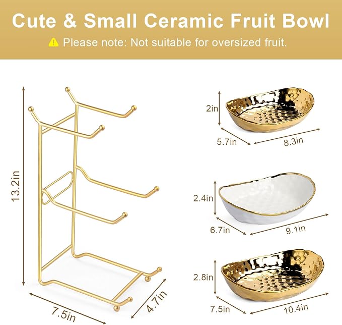 Fruit Bowl for Kitchen Counter, Tiered Fruit Basket for Countertop, 3 Tier Ceramic Fruit Basket with Metal Stand, Fruit Bowl for Fresh Fruit&Veggies (Gold) - Image 2