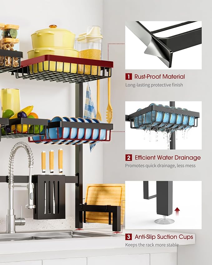 Sakugi Dish Drying Rack Over The Sink, Dish Drainer for Kitchen Counter | Stainless Steel Storage Organizer with Utensil Knife Holder & Hooks, Adjustable 11.8"Dx31.5"~39"Wx30"H, Black - Image 2