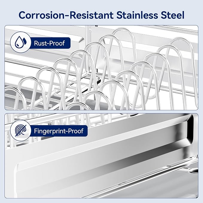 Stainless Steel Dish Drying Rack - Expandable Dish Racks for Kitchen Counter Organizer with Drain Board, Detachable Utensil & Cup Holder, Dish Drainer for Small Kitchen Counter, Grey - Image 2