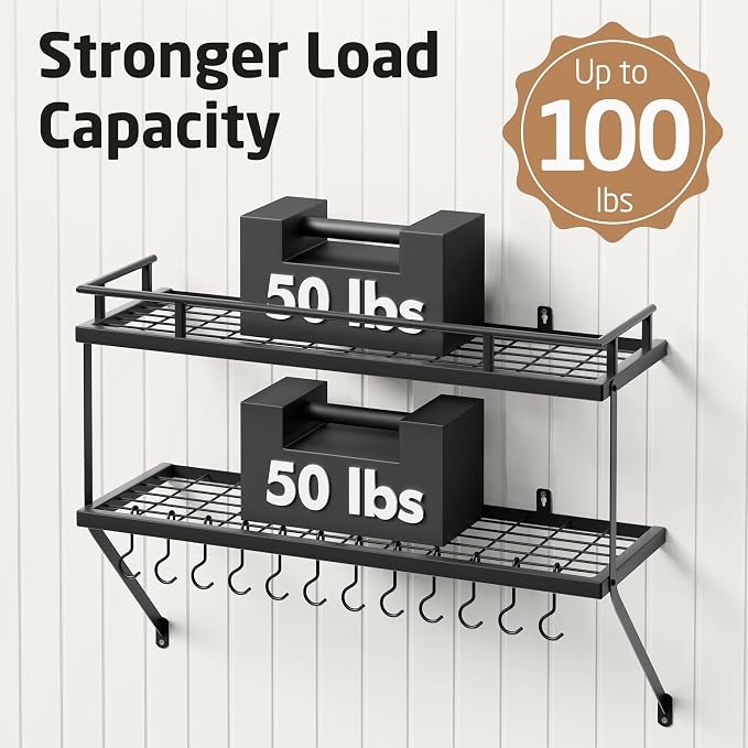 KES 30-Inch Kitchen Pot Rack - Mounted Hanging Rack for Kitchen Storage and Organization - Matte Black 2-Tier Wall Shelf with Guard Rail for Pots and Pans Organizer with 12 Hooks - KUR215S75B-BK - Image 3