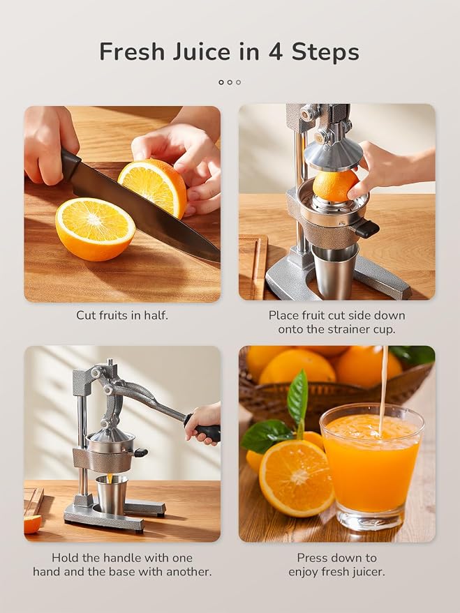 QCen Manual Citrus Juicer Cast Iron Heavy Duty Orange Press | Stainless Steel Strainer, Hand Squeezer, Easy To Clean, For Orange, Lemon, Lime And Grapefruit, Silver - Image 6