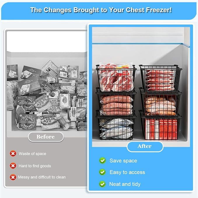 Stacking Freezer Organizer Bin Large Capacity Chest Freezer Baskets | Easy Get and Sort Deep Freezer Baskets for Frozen Meats Food Storage Containers, 4Pcs - Image 5