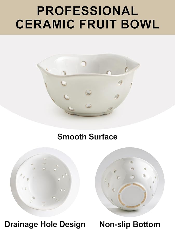 Gomakren Ceramic Berry Basket Set of 2, Elegant Fruit Basket Container 6 Inch, Fruit Bowl with Holes for Kitchen Counter, Berries, Strawberry, Grape, Cherry, Floral Shape - White - Image 3