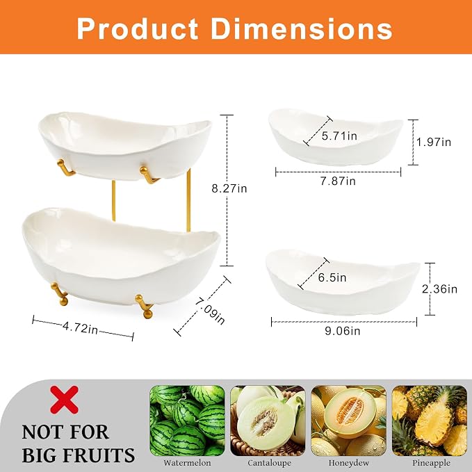 2 Tier Ceramic Fruit Bowl for Kitchen Counter | Fruit Rack with Gold Metal Stand, Fruit Holder for Fruit, Vegetables, Cake, Dessert, Bread Storage (White) - Image 2