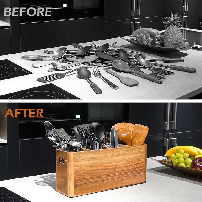 Wooden Utensil Holder for Kitchen Counter, Extra Large Utensil Holder with 4 Compartments for Cooking and Silverware, Kitchen Utensil Organizer Acacia Wood Rustic Kitchen Decor (Brown, 4 Compartment) - Image 5
