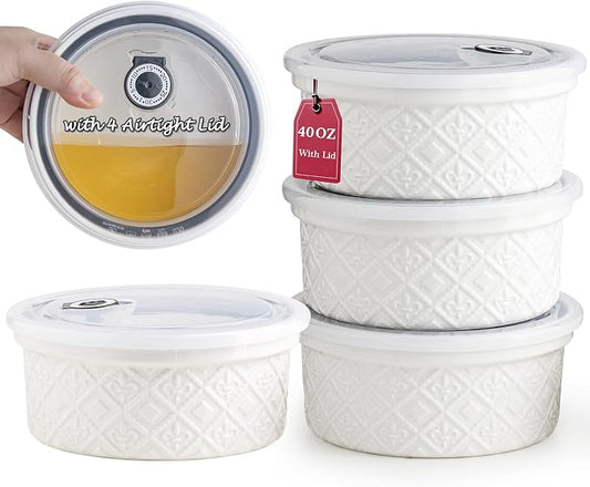 40oz Large Ceramic Mixing Bowls with Lids Set of 4, Ramekin Bowls Oven Safe, Serving Bowls with Lids, Meal Prep Containers, Airtight Food Storage Containers Set for Housewarming, White by MISSYSSIM