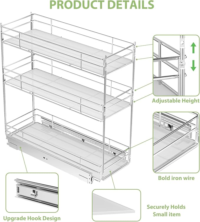 Pull Out Spice Rack Cabinet Organizer (7" W X 20½" D),3 Tier Slide Out Drawer for Narrow Cabinet, Pull Out Shelves Under Cabinet Storage for Kitchen - Image 5