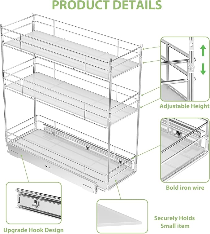 Pull Out Spice Rack Cabinet Organizer (6" W X 20½" D),3 Tier Slide Out Drawer for Narrow Cabinet, Pull Out Shelves Under Cabinet Storage for Kitchen - Image 5