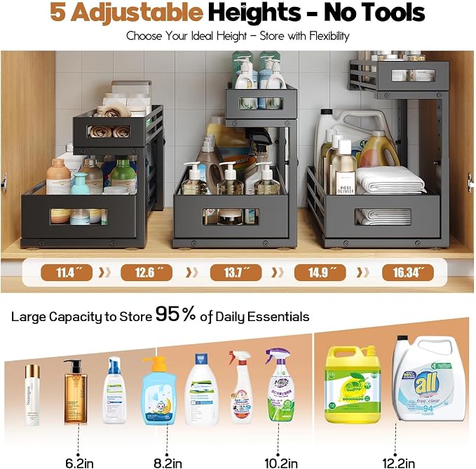 1-Pack Under Sink Organizers and Storage,2-Tier L Shape Pull Out Cabinet Organizer With Round Tube Slide Rails,Hight Adjustable Slide Out Drawers for Kitchen&Bathroom,Multi-Purpose Storage Shelf-Black - Image 6
