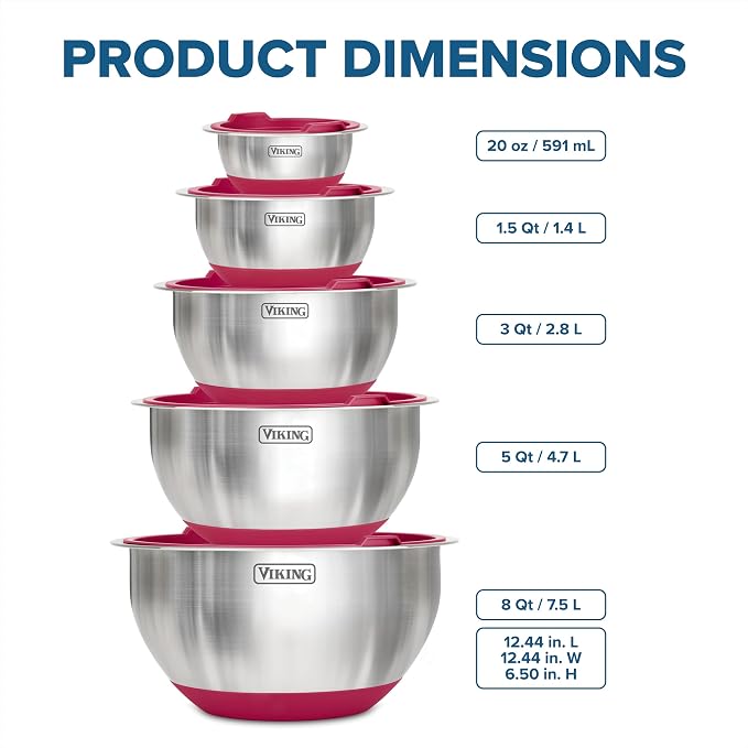 Viking Mixing Bowls Set, 10 Piece Stainless Steel Kitchen Cookware, Non-Slip Silicone Base, Includes Tight Fit Lids, Dishwasher Safe, Red - Image 5