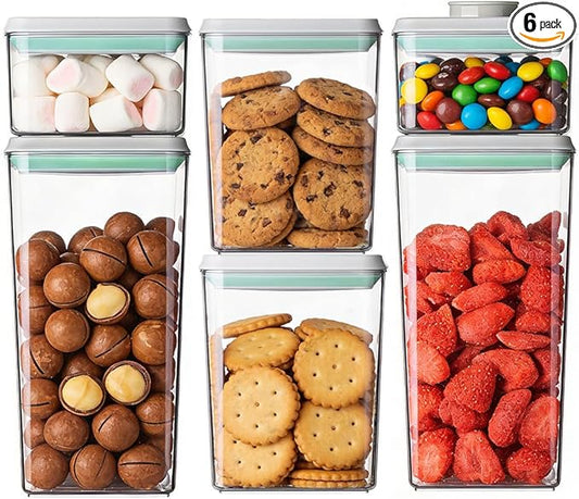 Airtight Food Storage Containers Set with One-Touch Lid, 6-Piece Multi-Size Set (0.6, 1.3, 1.9Qt)*2 Stackable Durable PET for Flour, Cereal, Snacks & Complete Pantry Organization by EQI