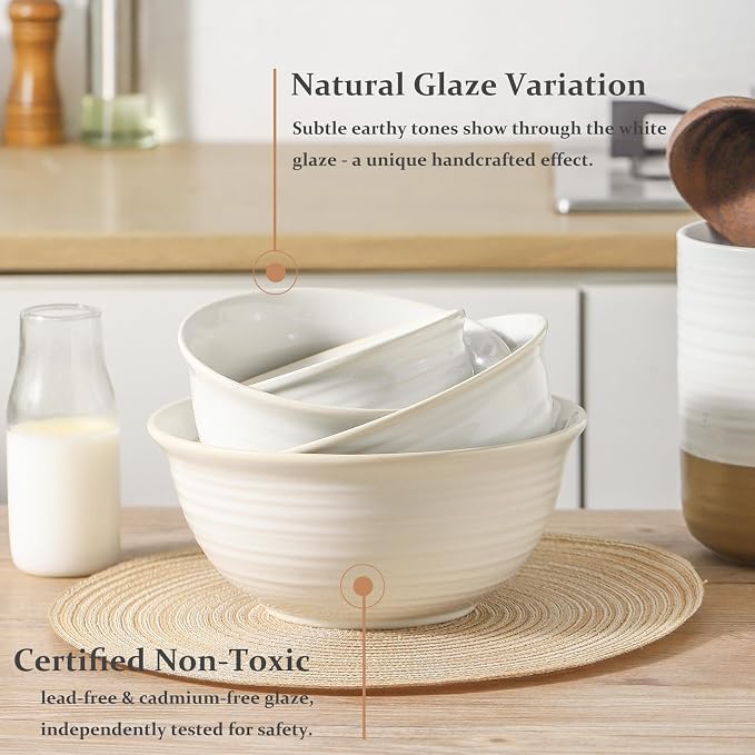 Hasense Ceramic Mixing Bowls, 2.1/1.5/1.0/0.5 Qt, Nesting Bowls for Cooking, Baking, Serving Dishes for Salad, Fruits, Popcorn, Dishwasher & Microwave Safe, Set of 4, Clay-Infused White - Image 4