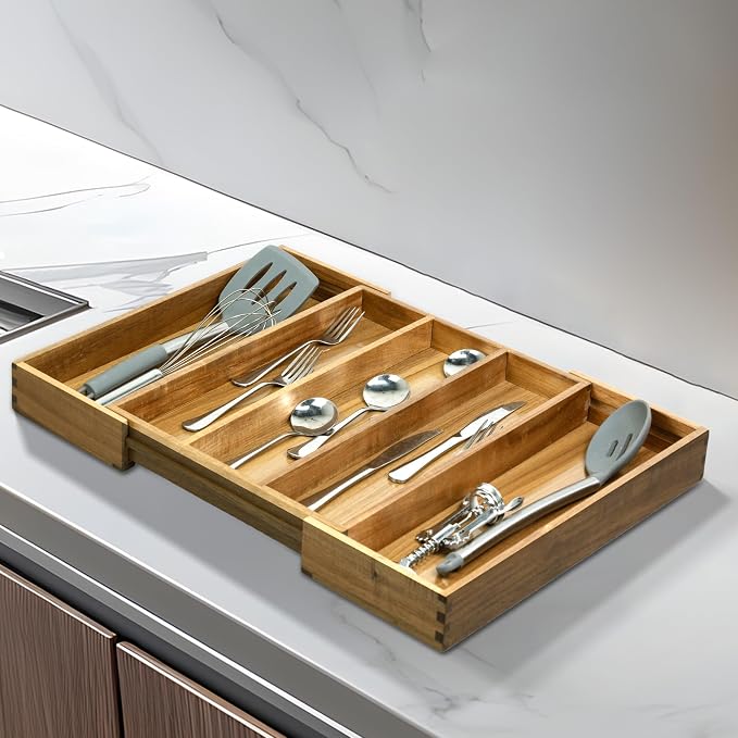 VaeFae Bamboo Drawer Organizer, Large, Acacia | Expandable Silverware Organizer, Kitchen Utensil Storage, Wooden Cutlery Tray with Dividers, Fork and Spoon Holder - Image 5