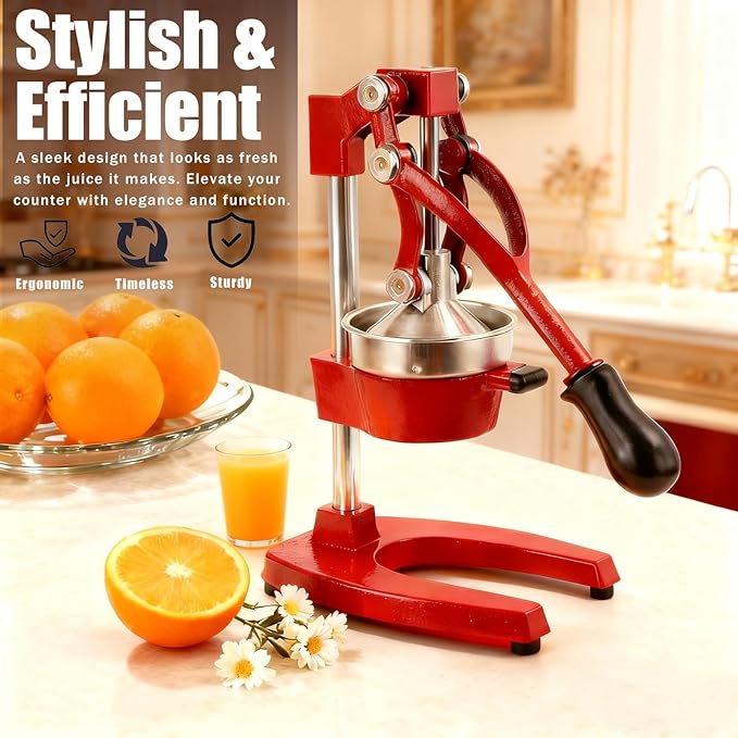 Kitchen Cast Iron Juicer - Easy-to-Clean Heavy-Duty Manual Juicer, Professional Citrus Juicer - Stainless Steel Lemon Squeezer - Manual Citrus Press & Orange Squeezer - Orange Juicer (Red) - Image 7