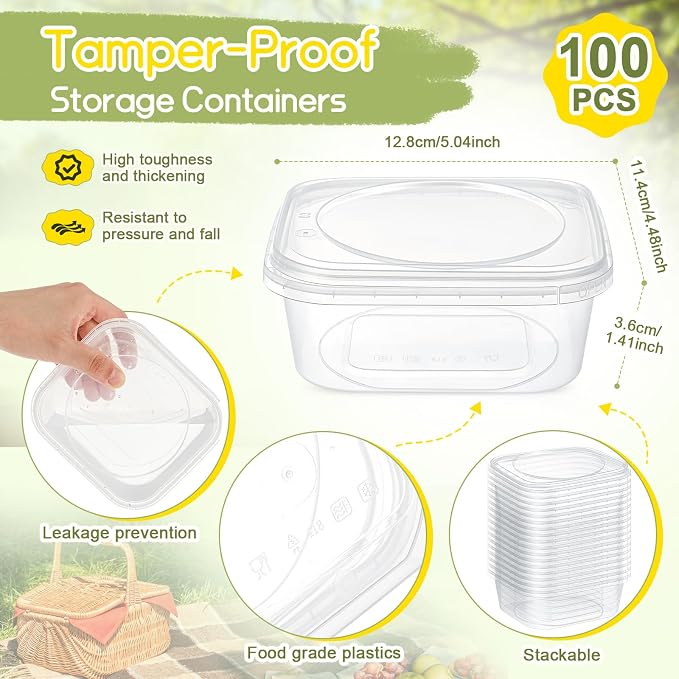100 Pack 8 oz Deli Containers with Lids, Tamper Proof Leak Resistant Clear Plastic Food Storage Containers, Airtight Meal Prep Container for Soup Salad Tiramisu, Microwave & Dishwasher Safe - Image 2