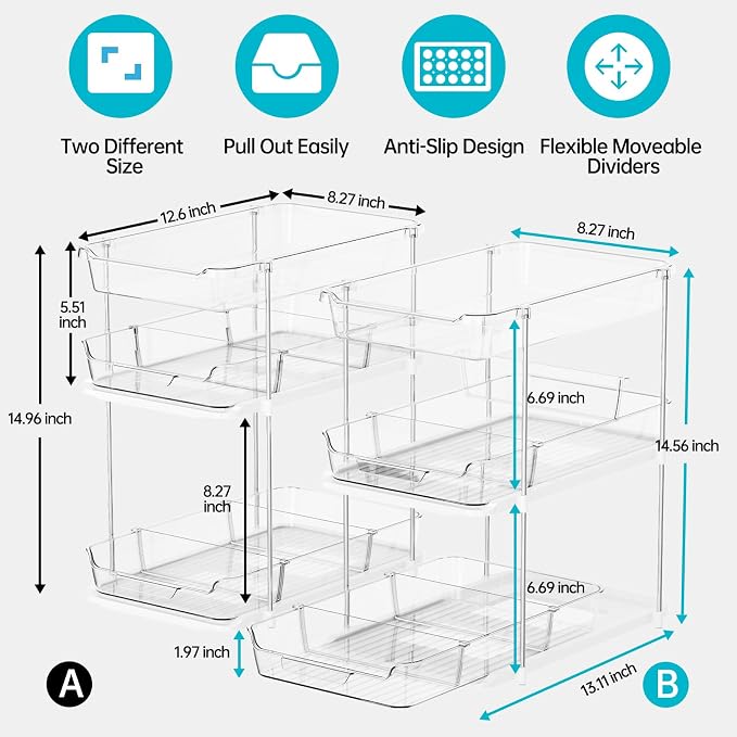 Delamu 2 Sets of 3-Tier Bathroom Under Sink Organizers and Storage, Multi-Purpose Stackable Pantry Organization and Storage, Pull Out Clear Kitchen Bathroom Cabinet Organizer with Movable Dividers | Storage - Image 3