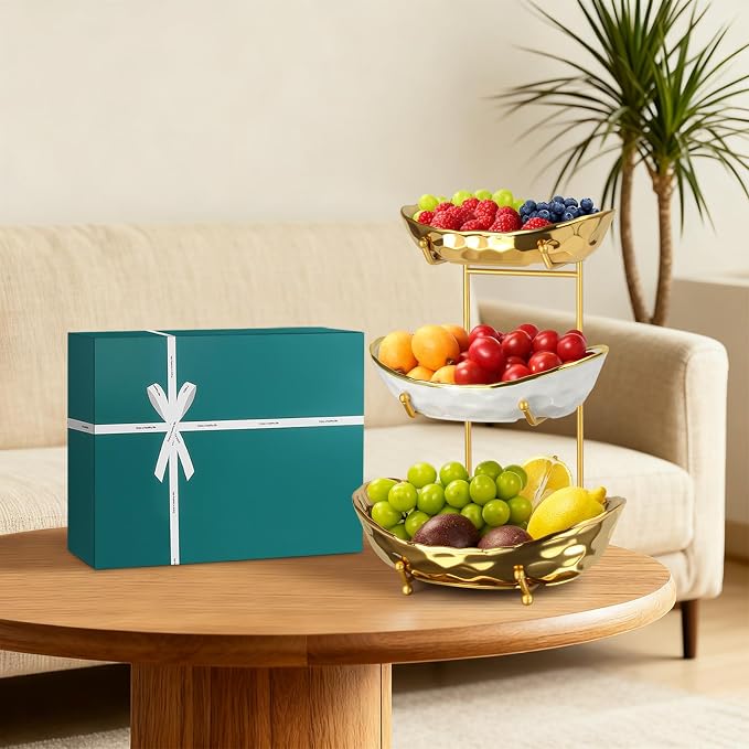 Fruit Bowl for Kitchen Counter, Tiered Fruit Basket for Countertop, 3 Tier Ceramic Fruit Basket with Metal Stand, Fruit Bowl for Fresh Fruit&Veggies (Gold) - Image 5