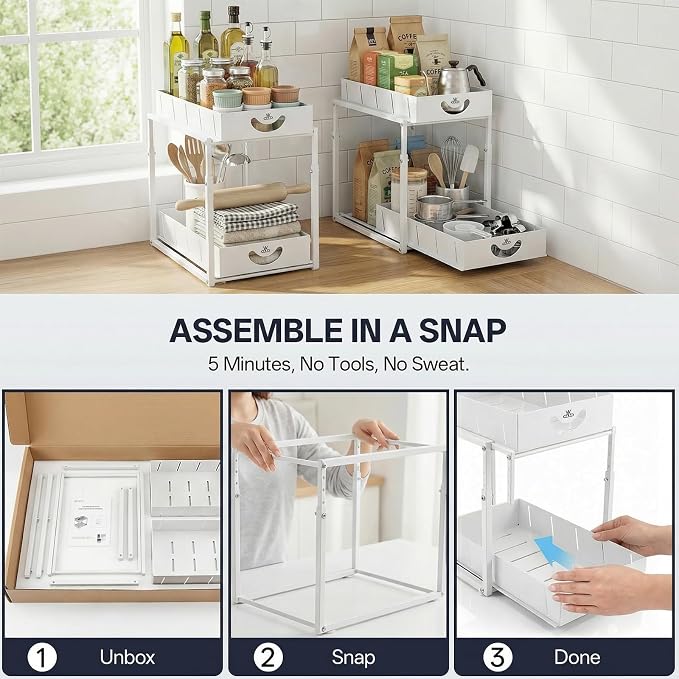 Adjustable Under Sink Organizer, 2 Tier Under Sink Organizers and Storage,Slide Out Metal Cabinet Organizers, Pull Out Cabinet Storage Drawer Shelf for Kitchen Bathroom (1, white) - Image 5
