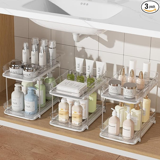 Delamu 3 Pack 2-Tier Bathroom Under Sink Organizers and Storage, Multi-Purpose Stackable Pantry Organization and Storage, Pull Out Clear Kitchen Bathroom Cabinet Organizer with Movable Dividers, White by DELAMU