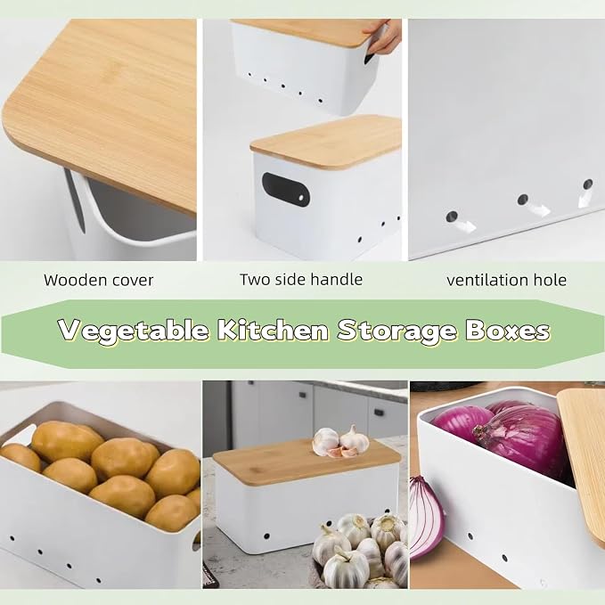 Modern kitchen storage container, stacked metal storage box, 3-piece set with wooden lid design, onion, garlic, potato metal cans, breathable storage box (White) - Image 5