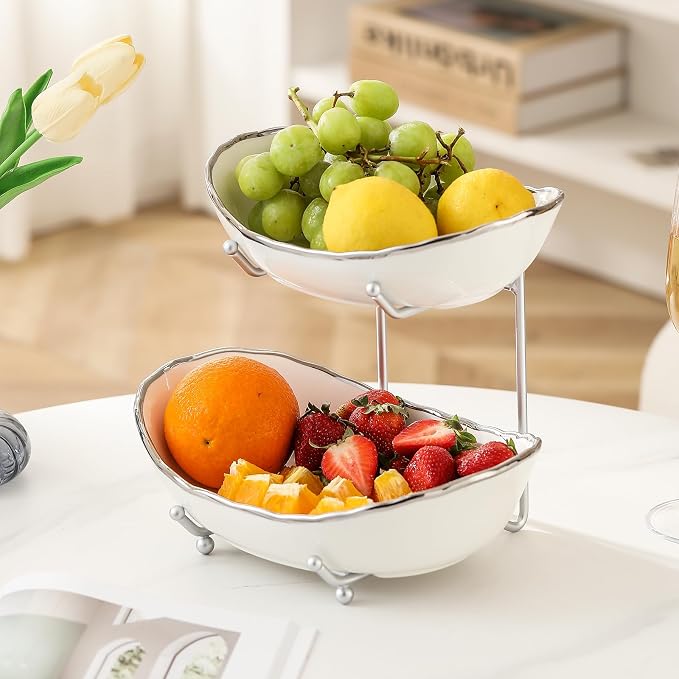 2 Tier Fruit Bowl, Ceramic Fruit Basket for Kitchen Counter | Fruit Holder for Kitchen, with Metal Stand, No Installation Required, Save Space, Easy to Clean, Modern, Silver-rimmed, Small - Image 5